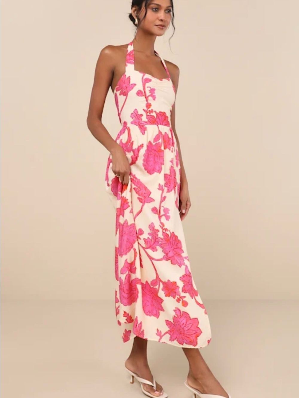 Lulus Floral Halter Maxi Dress in Pink and Cream